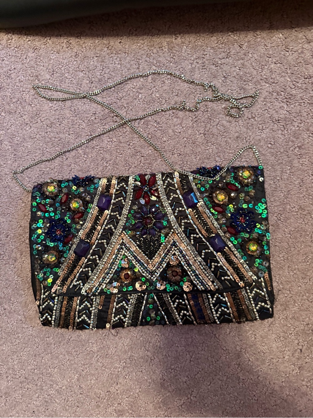 Embellished Multicolor Sequin Evening Clutch with Chain